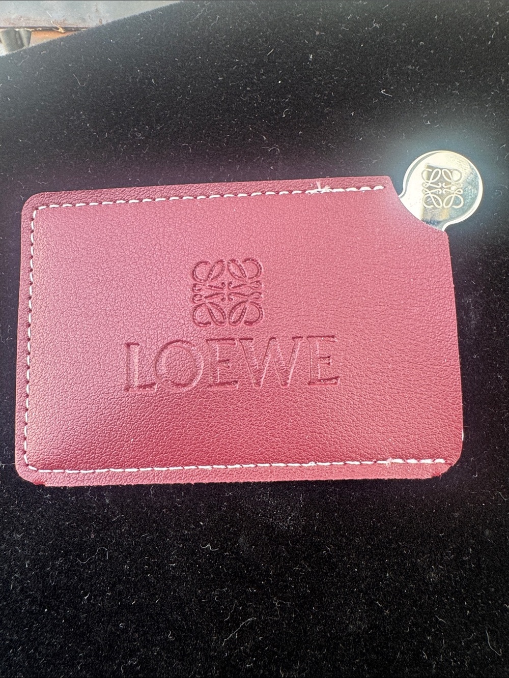 Mirror  Embossed Card Holder in Berry Red with Contrast Stitching